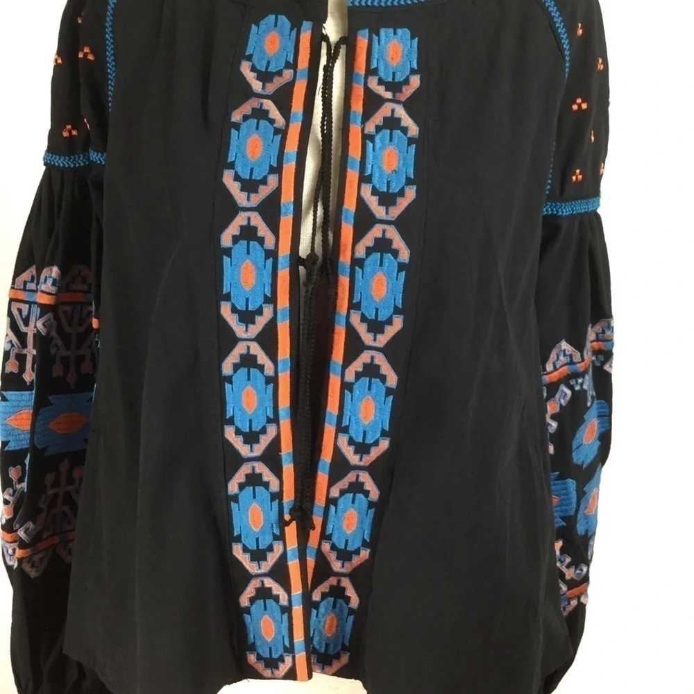 Puff‎ sleeve embroidered boho tie front jacket top